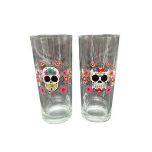 Dia de Los Muertos High-ball Drinking Glasses White Skulls with Flowers Set of 2